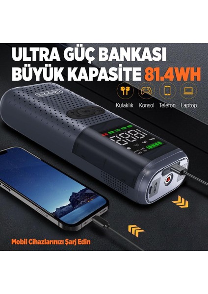 HCB002 22000MAH 2500A Akü Takviye Cihazı + Lastik Şişirme Kompresörü Taşınabilir Jump Starter (Kompresör+Powerbank+Led Lamba+Lcd Ekran)