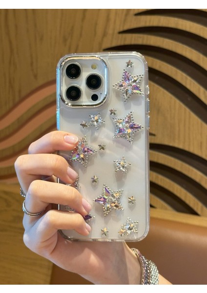 Apple iPhone 15 Pro Max Uyumlu Renkli Kristal Taşlı Yıldızlı Şeffaf Kılıf