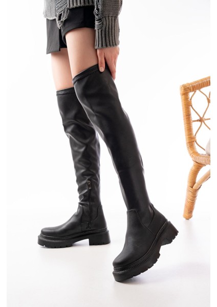 Siyah Streç Diz Üstü Fermuarlı Günlük Kadın ÇIZME236-2194BAYAN Çizme