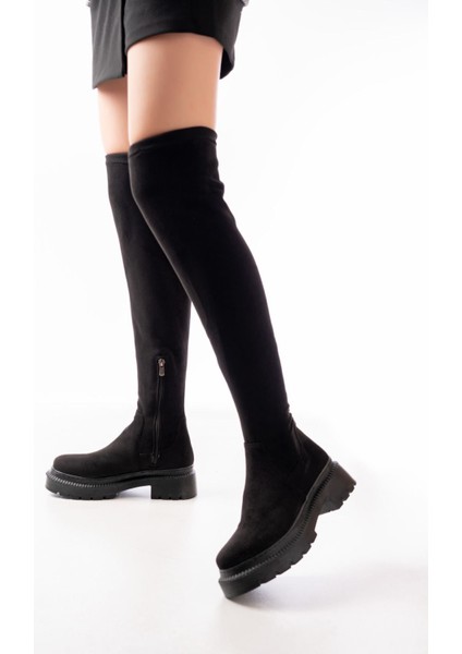 Siyah Süet Streç Diz Üstü Fermuarlı Günlük Kadın ÇIZME236-2194BAYAN Çizme