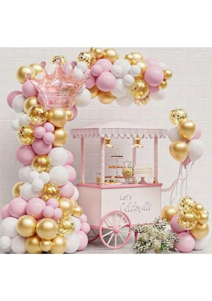 Rose Gold Taç Folyolu Pembe Beyaz Gold Balonlu Doğum Günü Parti Seti Süsü