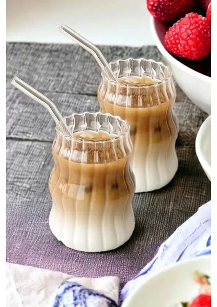 6'lı Sukabağı Latte Cam Pipetli Bardak Seti Iskandinav Burgu Tarz Kahve Kokteyl Sunum Bardağı 400ML