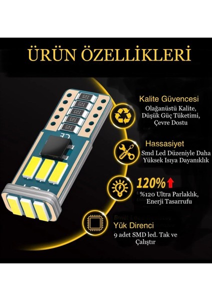 Raç T10 6000K LED Ampül Beyaz Renk Smd Çip 10 Adet