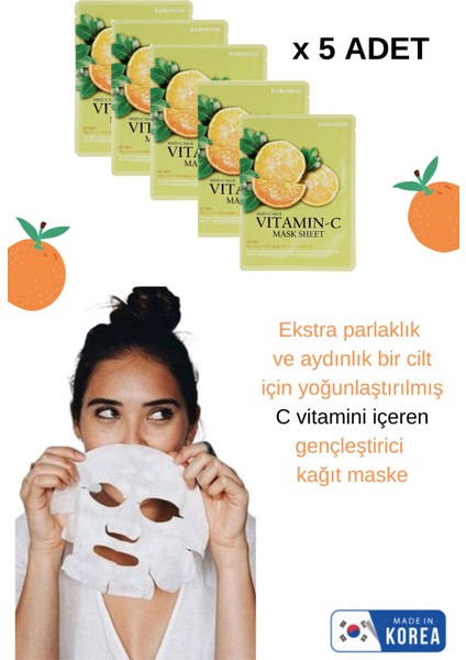 C Vitaminli Leke Karşıtı Aydınlatıcı Etkili 5'li Kore Yüz Maskesi Seti