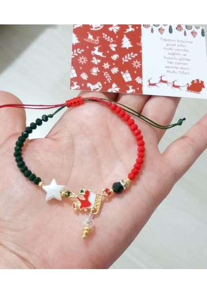 Noel Baba ve Yıldızlı Koyu Yeşil ve Kırmızı Kristal Boncuklu Yılbaşı Bileklik