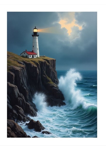 Fırtınada Deniz Feneri Modern Ahşap Tablo 35cm X50cm