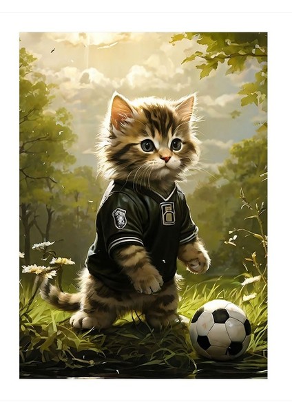 Futbol Oynayan Kedi Desenli Ahşap Tablo 35cm X50cm