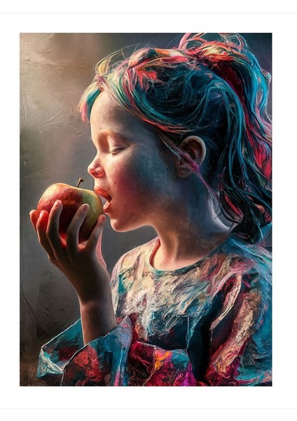 Elma Yiyen Küçük Kız Art Mdf Poster 25cmx 35cm