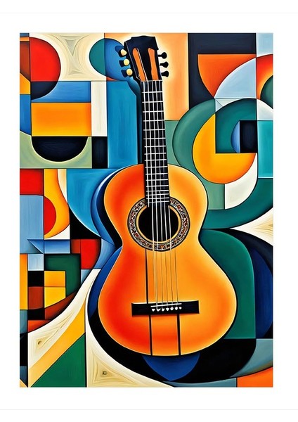 Şekiller Ve Sarı Gitar Modern Ahşap Tablo 25cmx 35cm