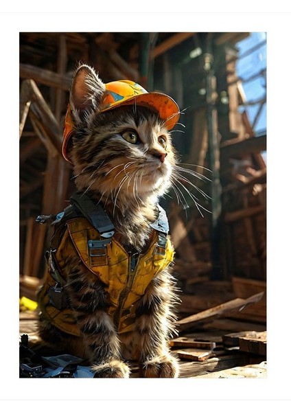 Sarı Baret Takan Yorgun Inşaatçı Kedi Art Mdf Poster 18cm X 27cm