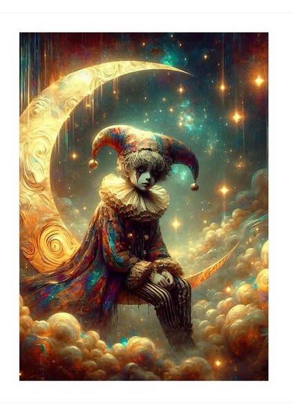 Ay Üzerinde Oturan Üzgün Palyanço Art Mdf Poster 18cm X 27cm
