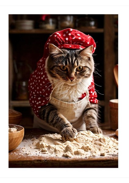 Hamur Yoğuran Şaşkın Kedi Ahşap Tablo 35cm X50cm