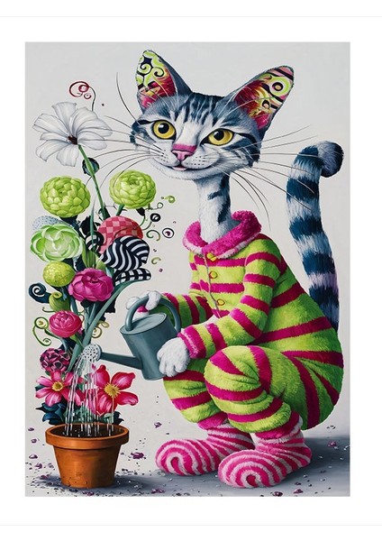 Sevimli Kedi Çiçek Sularken Mdf Tablo 18cm X 27cm