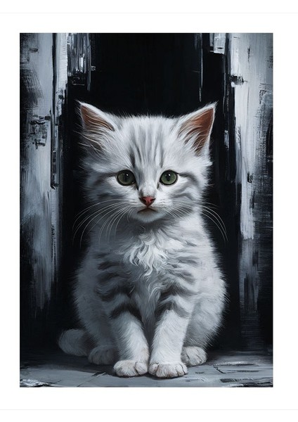 Masum Beyaz Kedi Modern Ahşap Tablo 35cm X50cm