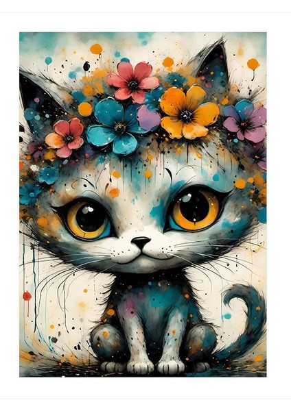 Renkli Çiçekli Beyaz Kedi Tasarım Ahşap Tablo 25cmx 35cm