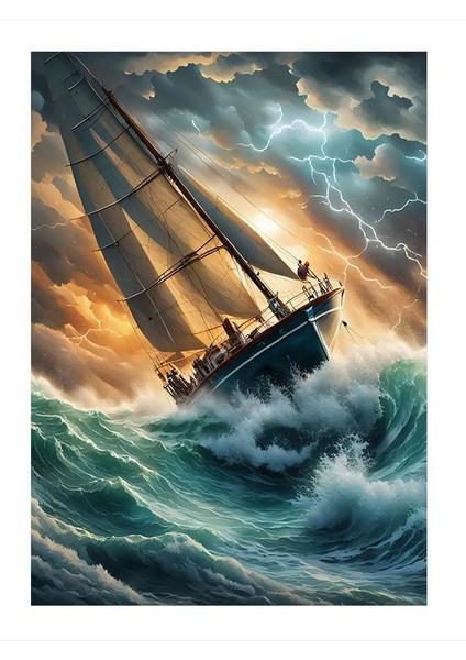 Dalgalar Şimşek Ve Tekne Tasarım Mdf Tablo 35cm X50cm