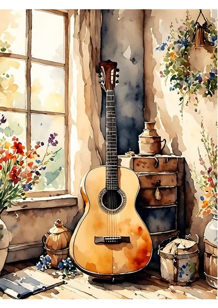 Pencere Kenarındaki Gitar Mdf Tablo 35cm X50cm