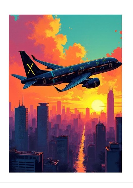 Gün Batımında Uçak Ahşap Tablo 25cmx 35cm