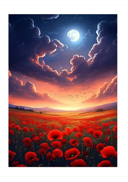 Kır Çiçekleri Ve Gün Batımı Tasarım Mdf Tablo 18cm X 27cm
