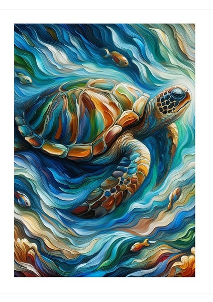 Dalgalarla Kaplı Deniz Kaplumbağası Dekoratif Ahşap Tablo 18cm X 27cm