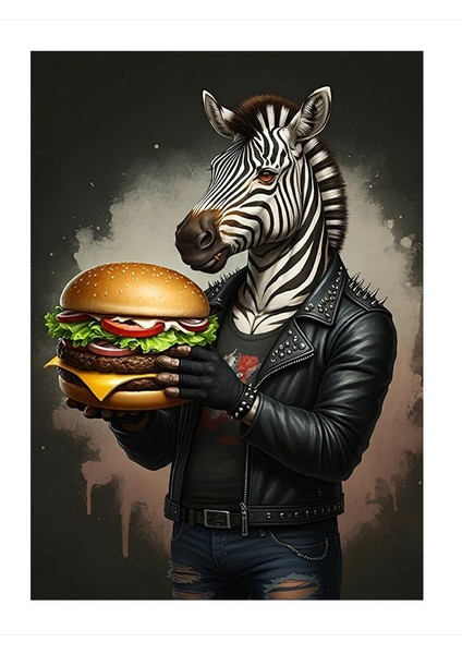 Hamburger Tutan Zebra Desenli Ahşap Tablo 18cm X 27cm