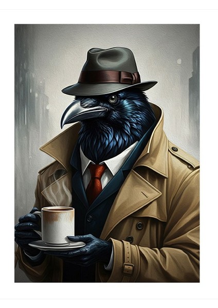 Kahve Içen Dedektif Karga Model Mdf Tablo 18cm X 27cm