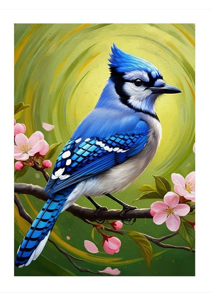 Çiçek Dalında Mavi Alakarga Modern Ahşap Tablo 25cmx 35cm