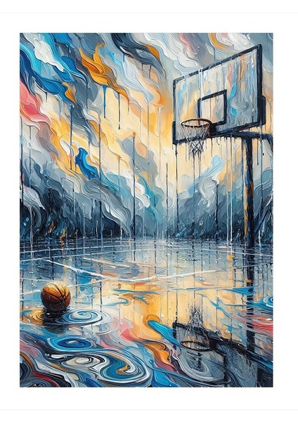 Yağmur Altında Basketbol Sahası Model Ahşap Tablo 25cmx 35cm