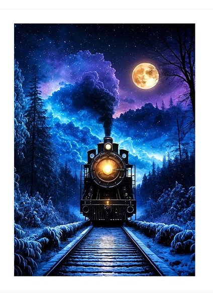 Gece Buharlı Tren Art Mdf Tablo 18cm X 27cm