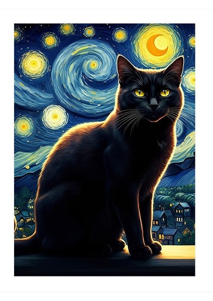 Yıldızlı Gece Kedisi Mdf Poster 25cmx 35cm