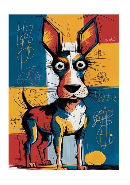 Renkli Köpek Çizim Modern Ahşap Tablo 25cmx 35cm