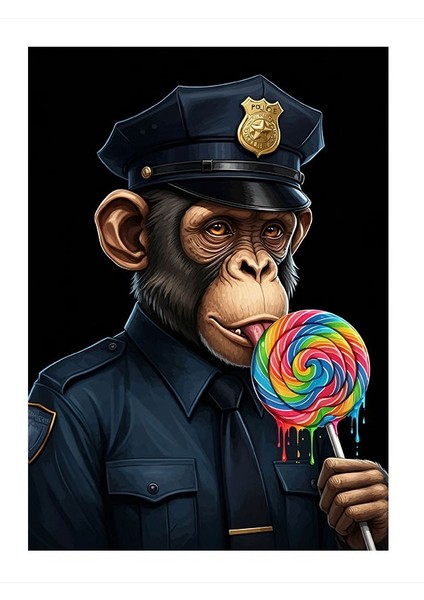 Lolipoplu Polis Maymun Art Mdf Poster 25cmx 35cm
