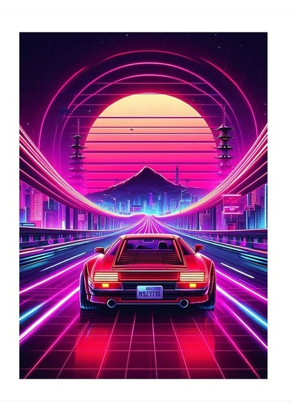 Neon Gece Arabası Ahşap Tablo 18cm X 27cm