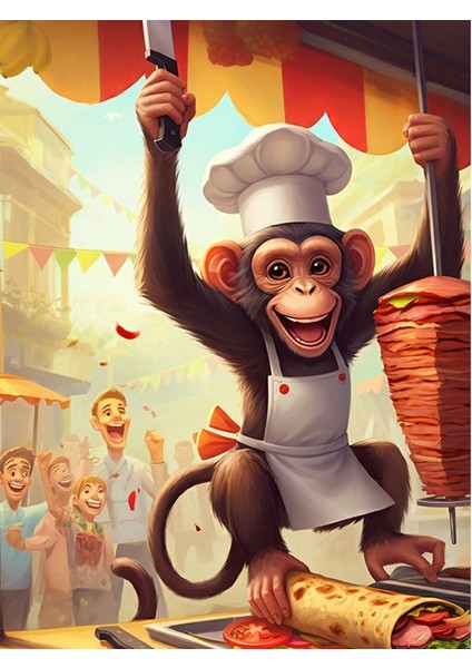 Maymun Döner Şefi Desenli Mdf Tablo 35cm X50cm