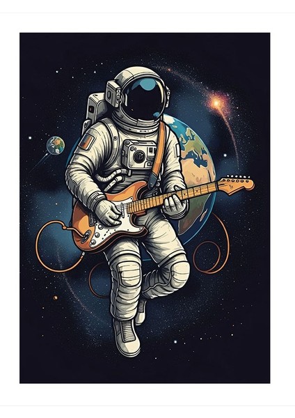 Gitar Çalan Astronot Dekoratif Ahşap Tablo 25cmx 35cm