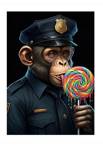 Lolipoplu Polis Maymun Dekoratif Ahşap Tablo 25cmx 35cm