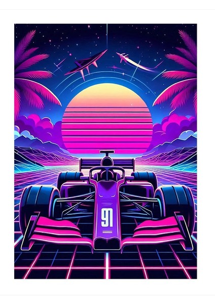 Neon Yarış Arabası Desenli Mdf Tablo 18cm X 27cm