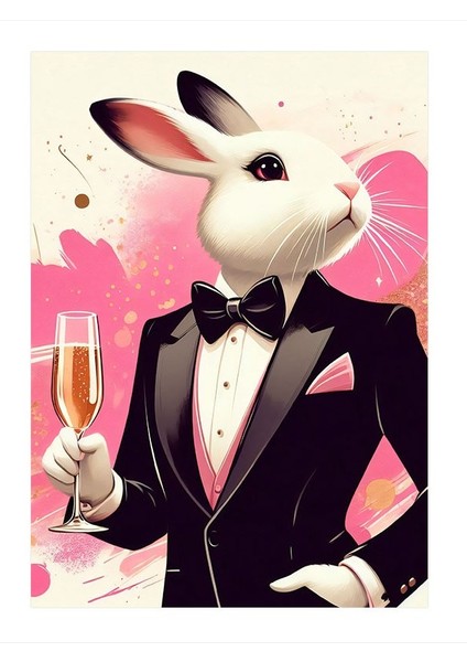 Tuxedo Giyen Tavşan Dekoratif Ahşap Tablo 35cm X50cm