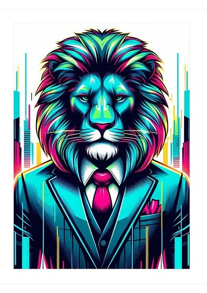 Neon Takım Elbiseli Aslan Art Mdf Poster 18cm X 27cm