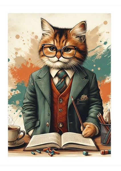 Gözlüklü Profesör Kedi Dekoratif Mdf Tablo 25cmx 35cm