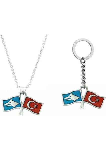 Türk Bozkurt Ikili Bayrak Kolye Anahtarlık&çanta Süsü 2 Li Set