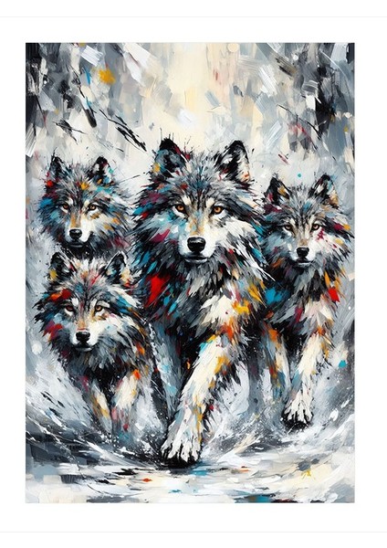 Kış Ormanında Kurtlar Desenli Ahşap Tablo 35cm X50cm