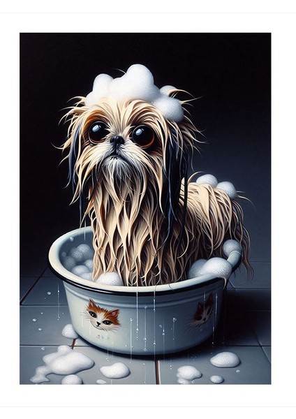 Banyo Yapan Köpek Dekoratif Ahşap Tablo 18cm X 27cm