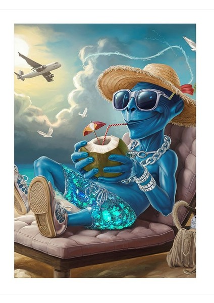 Sahilde Içecek Içen Mavi Cin Mdf Poster 35cm X50cm