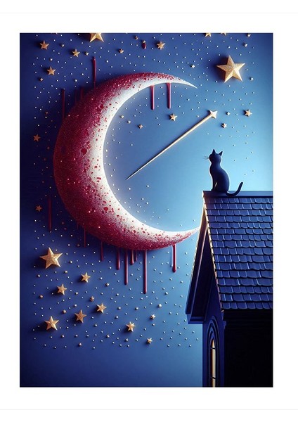 Ay Ve Yıldızlı Çatı Art Mdf Poster 18cm X 27cm