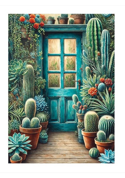 Kaktüs Ile Mavi Kapı Desenli Mdf Tablo 35cm X50cm