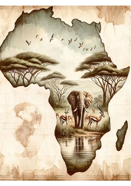 Afrika Haritası Dekoratif Ahşap Tablo 35cm X50cm