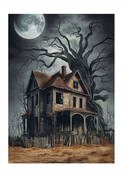 Ay Işıgında Büyülü Ev Ve Ağaç Model Ahşap Tablo 35cm X50cm