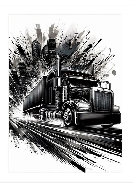 Siyah-Beyaz Tır Çizimi Tasarım Ahşap Tablo 25cmx 35cm