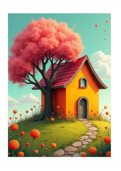 Pembe Ağaç Ve Ev Art Mdf Poster 18cm X 27cm